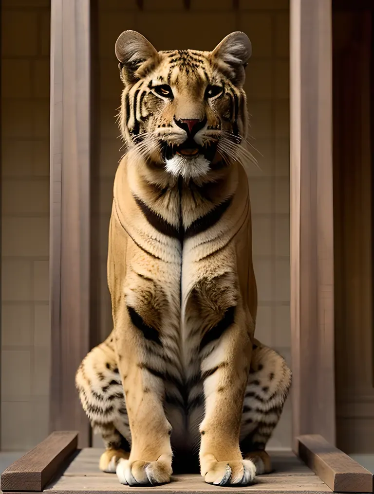 Wise Tigon Rules Over Feline Kingdom from Throne