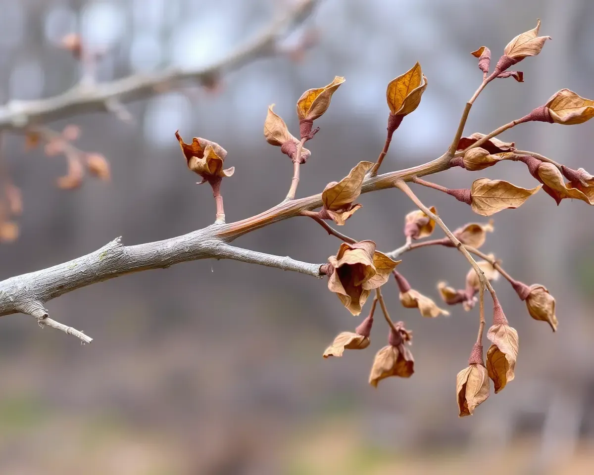 Withered Tree Branch with Brown Leaves and Grey Bark