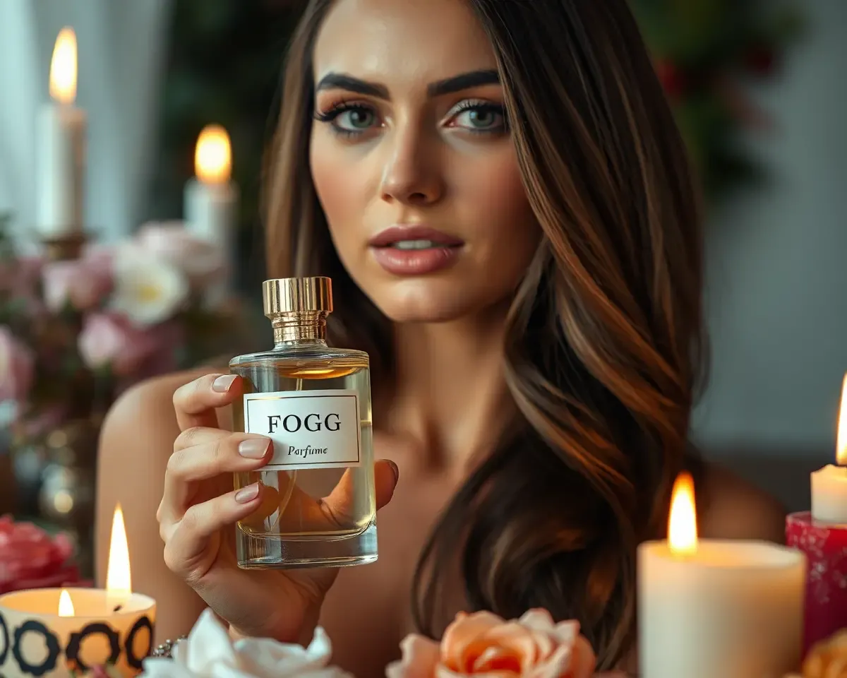 Woman with Fogg Perfume and Candles in Soft Focus