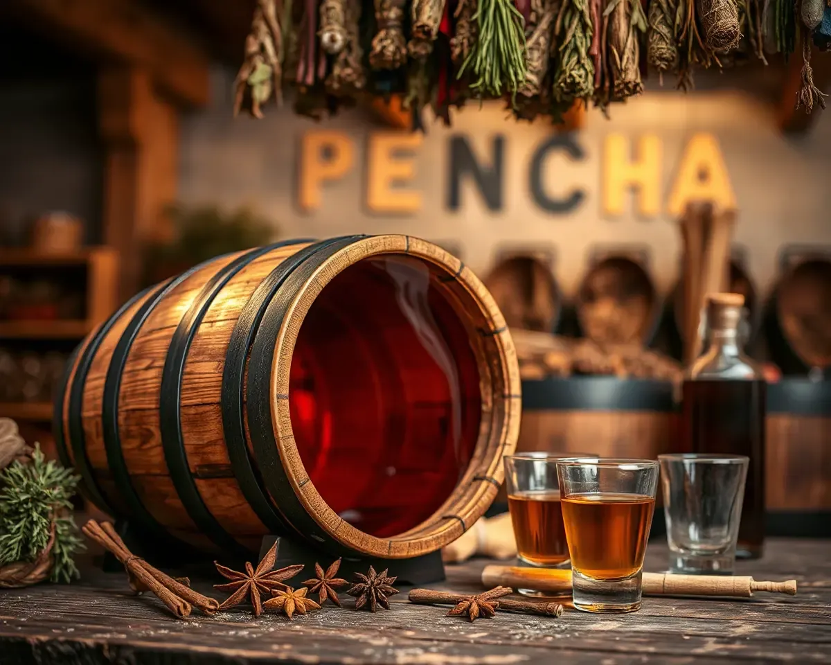 Wooden Barrel with Fragrant Liquid and Hanging Herbs
