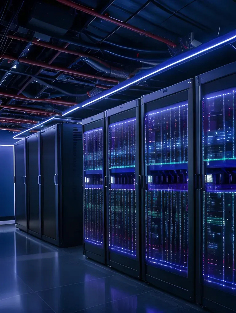 XX Com Data Center with Rows of Humming Servers