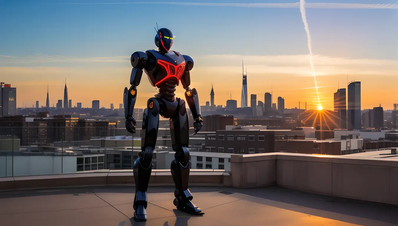 XX-Logo Robot in Front of City Skyline