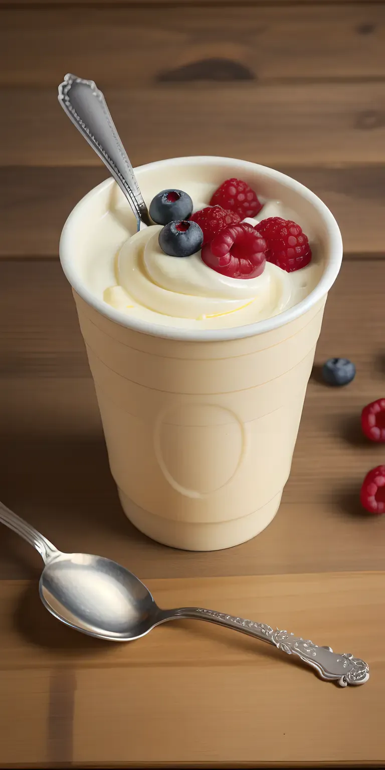 Yellow Yogurt Cup with Spoon Berries Wooden Table