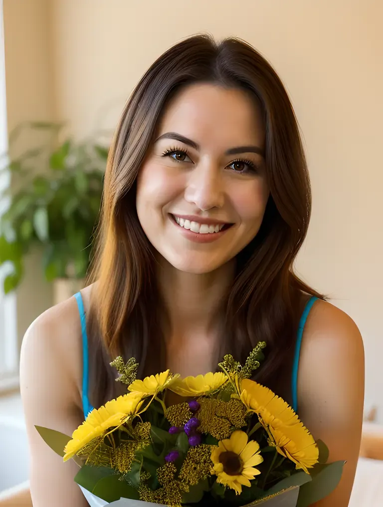 Young Aunty Photo: Warm Smile and Fresh Flowers Surround Her
