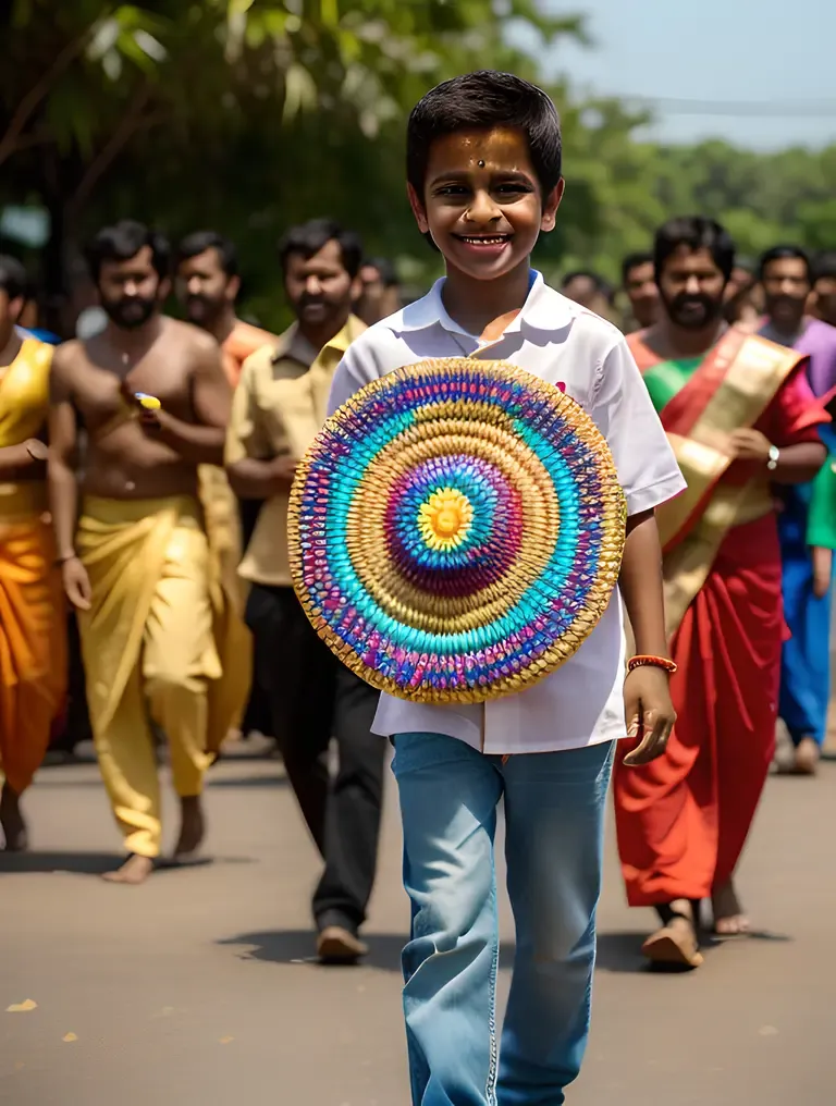 Young Boy Proudly Carries Colorful Kavadi