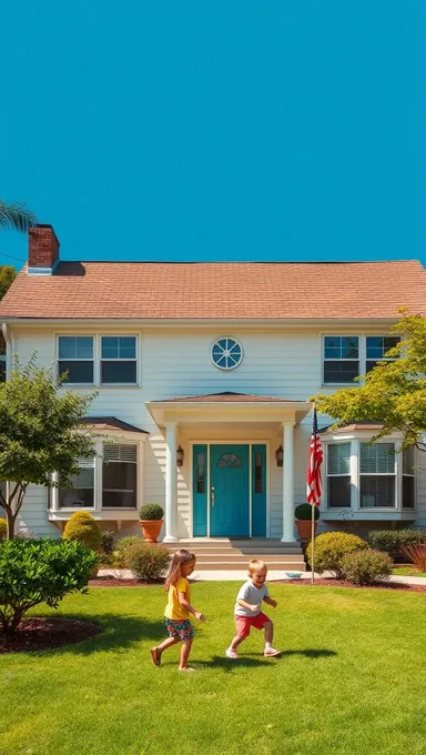 Casa suburbana dos 50 com fundo azul brilhante