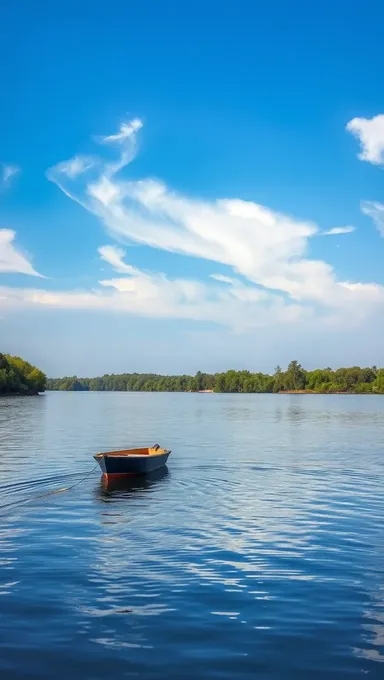 Cena de Lago Tranquilo com Barco Pequeno e Vegetação