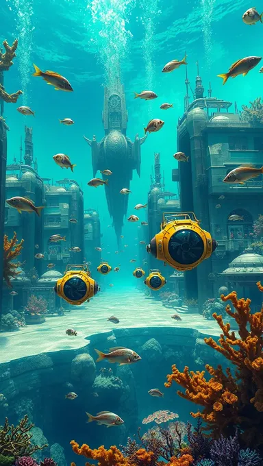 Cidade submersa com submersíveis V-280 e vida marinha