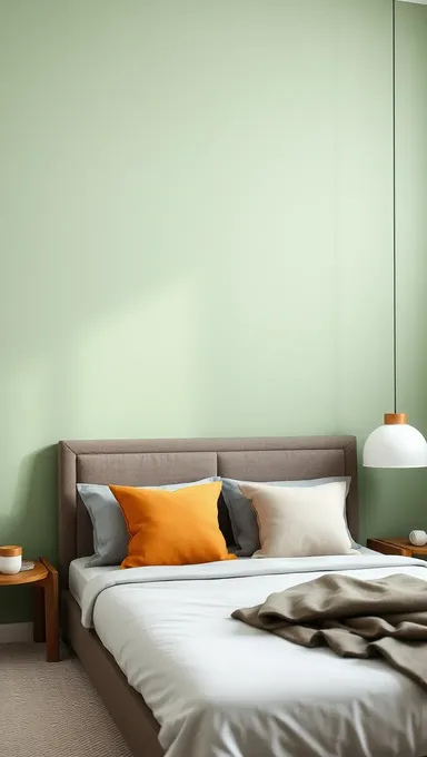 Design de quarto minimalista com fundo verde-claro e cama simples