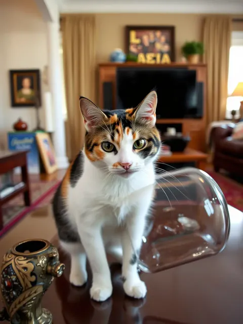 Gata Calicó Maledicta Derruba Vaso na Sala de Viver