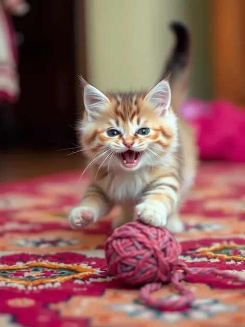 Gatinho Brincalhão Persegue Fio de lã Por Ruga Colorida