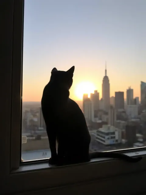 Gato Preto Esbelto Vê Linha de Cidade ao Crepúsculo