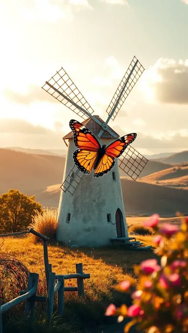 Pôr-do-sol romântico no campo com mariposa e moinho