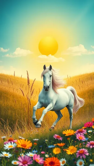 Um unicorn corre pelo campo de flores silvestres com céu ensolarado