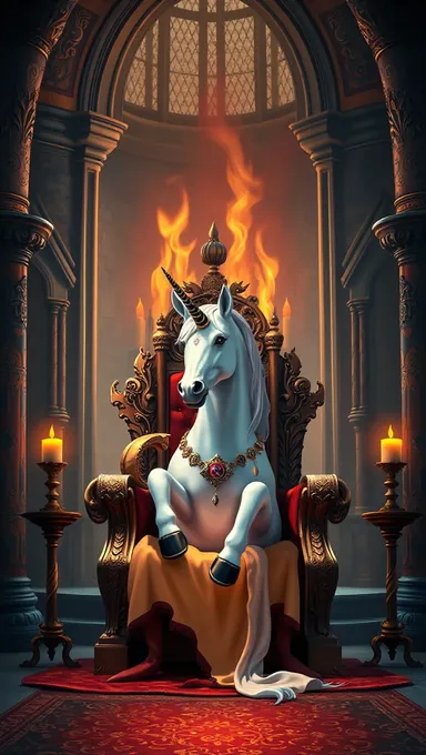 Um unicornio sentado em um trono em um castelo luxuoso com fogo aceso